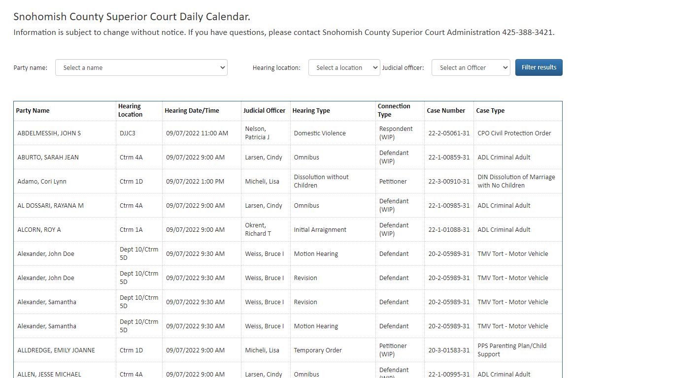 Snohomish County Superior Court Daily Calendar.